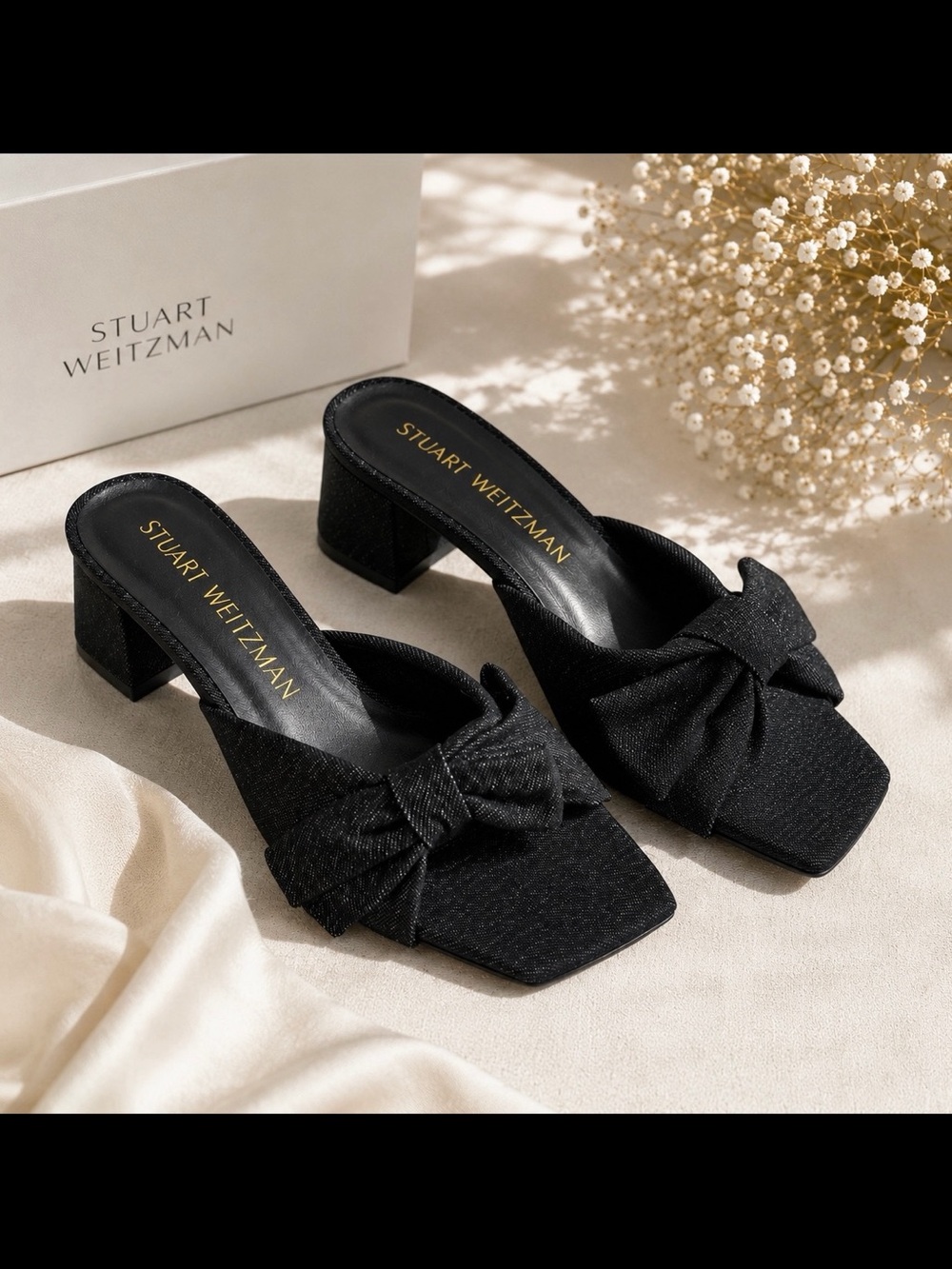 Stuart Weitzman Dark Navy Denim Bow Block Heel Mules – Size 42 | Like New